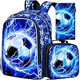 KLFVB 3PCS Kids Backpack, 17" Boys Football Bookbag and Lunch Box, Water Resistant Teenagers School Backpacks for Middle Elementary - Lightning Soccer
