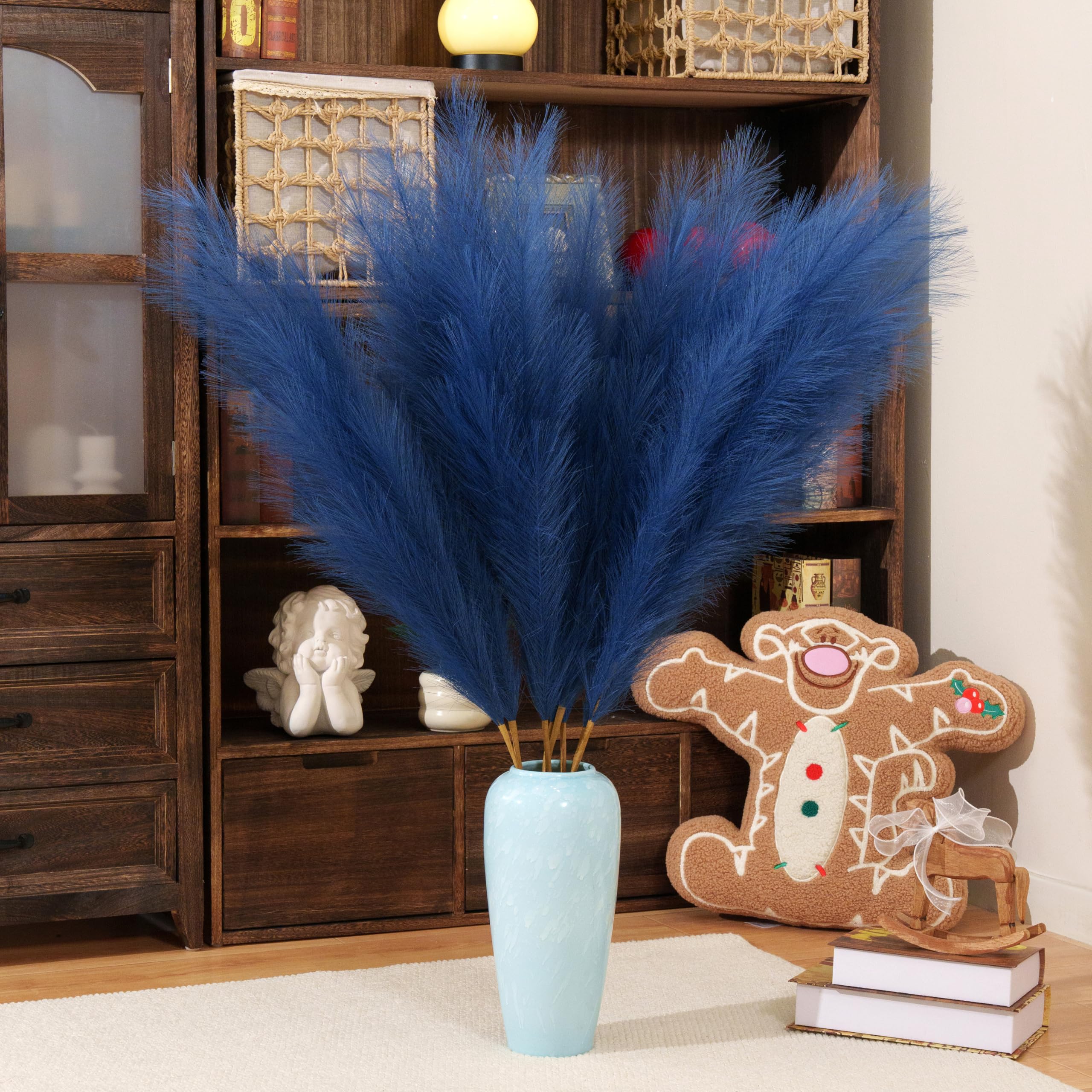 Pampas Grass Decor Tall,8pcs 43.3"/110cm Large Pampas Floral Fluffy,Long Feather Flowers for Boho Wedding Arangement Bedroom Living Room Decorations (navy blue, 8pcs 43.3"/110cm)