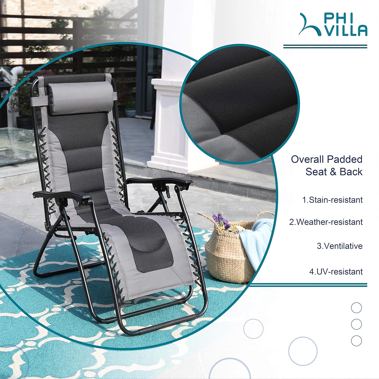 PHI VILLA Zero Gravity Chair Padded Recliner Adjustable Lounge Chair with Free Cup Holder (Grey) : Garden & Outdoor