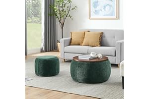 Niccae 2-Piece Set Round Chenille Storage Ottoman, Equipped with a Drum Shaped Small Stool, Storage Space, and MDF Made Desktop Panel (Green, 25"x25"x14.7")