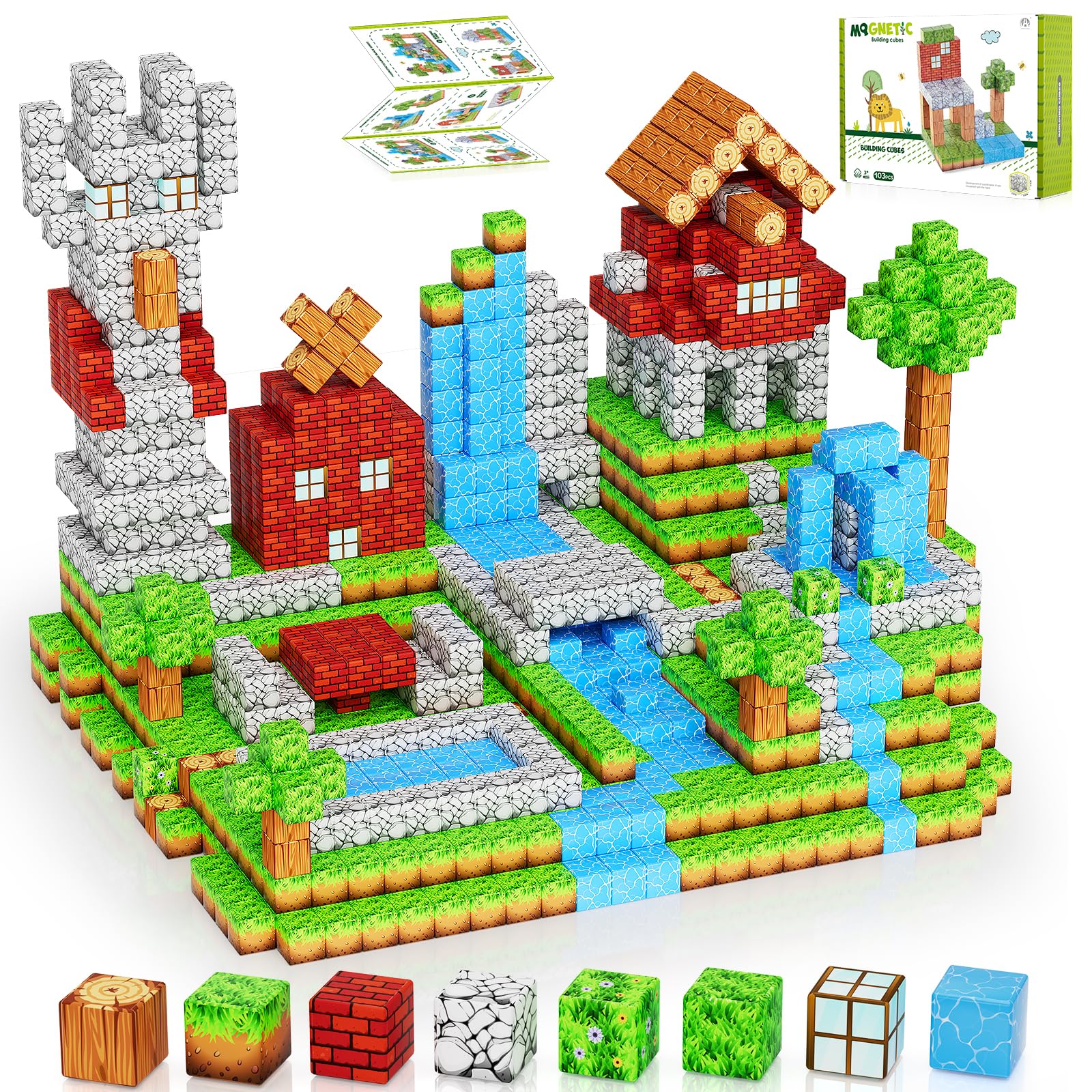 Magnetic Blocks 103PCS 1 inch Magnetic Building Blocks, Magnet Tiles Stacking Cubes Toy for Kids Build Forest World Set, STEM Game Toys for Boys Girls Age 3 4 5 6 7 8 Year Old Christmas Birthday Gifts