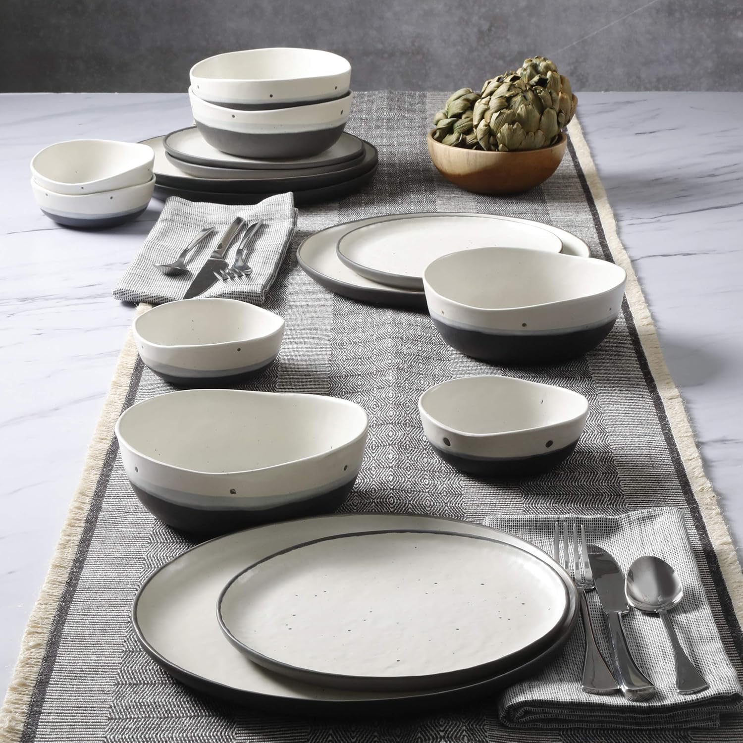  | Gibson Elite Rhinebeck 16 Piece Double Bowl Dinnerware Set, White/Black: Dinnerware Sets