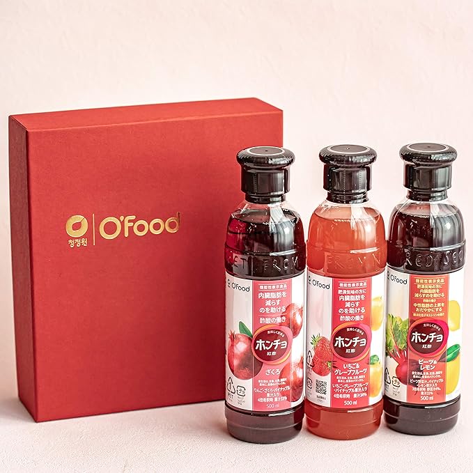 Amazon お中元 飲み物 飲むお酢 ギフト おしゃれ 果実酢 飲む フルーツビネガー 機能性表示食品 ホンチョ 500ml 3本入りギフトセット ざくろ いちご グレープフルーツ ビーツ レモン Chung Jung One クラシックレッド Chung Jung One お酢飲料 通販