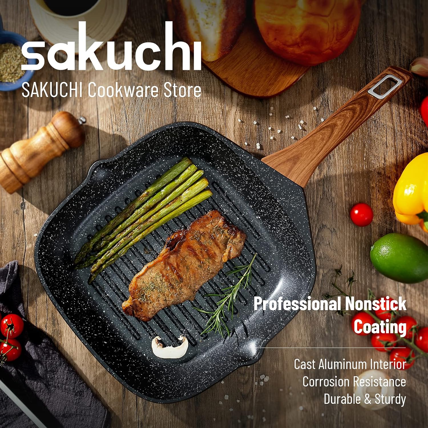 SAKUCHI 11 Inch Nonstick Square Grill Pan for Stove Tops (Black): Kitchen & Dining