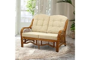 WICKERIX Malibu Lounge Loveseat Sofa Natural Rattan Wicker Handmade Design with Cream Cushions, Colonial Color