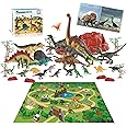 PicassoTiles Dinosaur Play Mat Toys 32pc Dino Playset STEM Activity Learning Kit STEAM Toy with Educational Book, 21 Action Figures T-Rex, Triceratops, Velociraptor, Trees, Rocks for Kids 3+ PTD11
