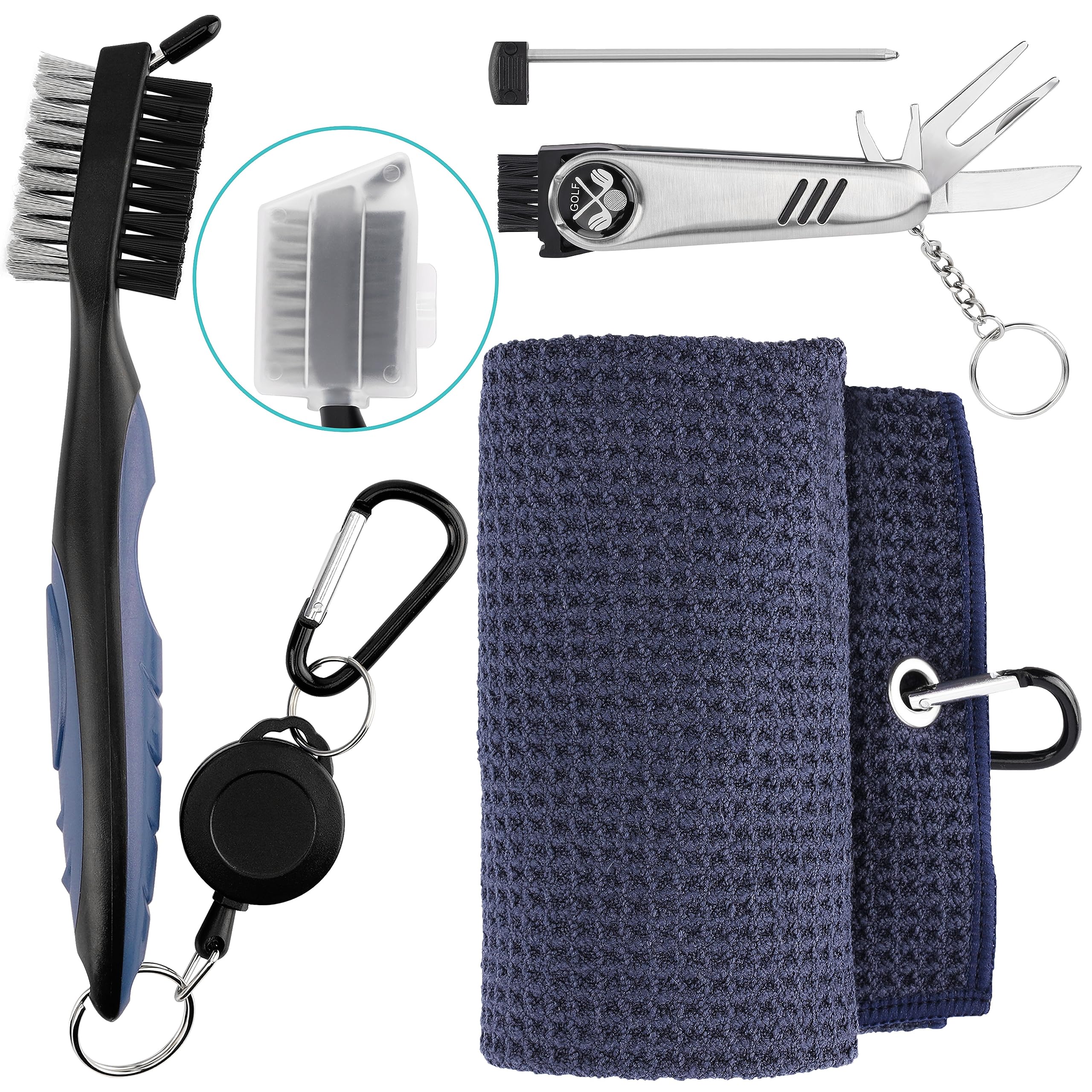 K&V GOLF 3-In-1 Golf Accessories Set - Golf Ball Marker, Golf Club Brush with Groove Cleaner & Golf Towel Kit - Foldable Divot Repair Tool & Golf Ball Line Marker Tool - Multifunctional Golf Gift Set