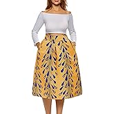 Afibi Womens African Print Skirt Boho Flare Pleated Midi Skirt with Pockets