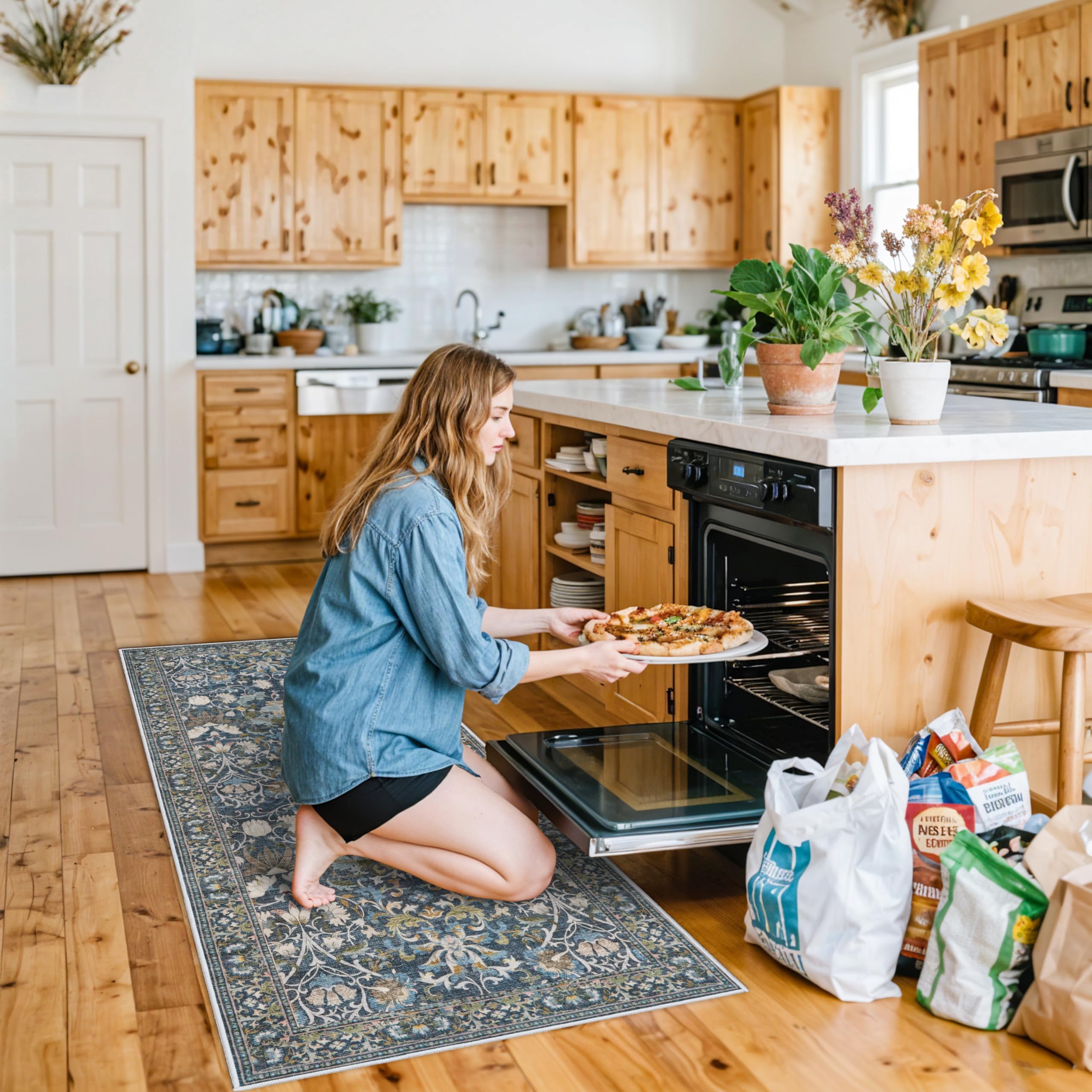 Photo 1 of 3x6 Washable Entryway Area Rugs: Vintage Easy to Clean Kitchen Rug Runner Soft Non Slip Floor Mat Indoor Farmhouse Carpet for Bathroom Living Room Bedroom Printed Hallway Runners(3x6 Floral/Blue)