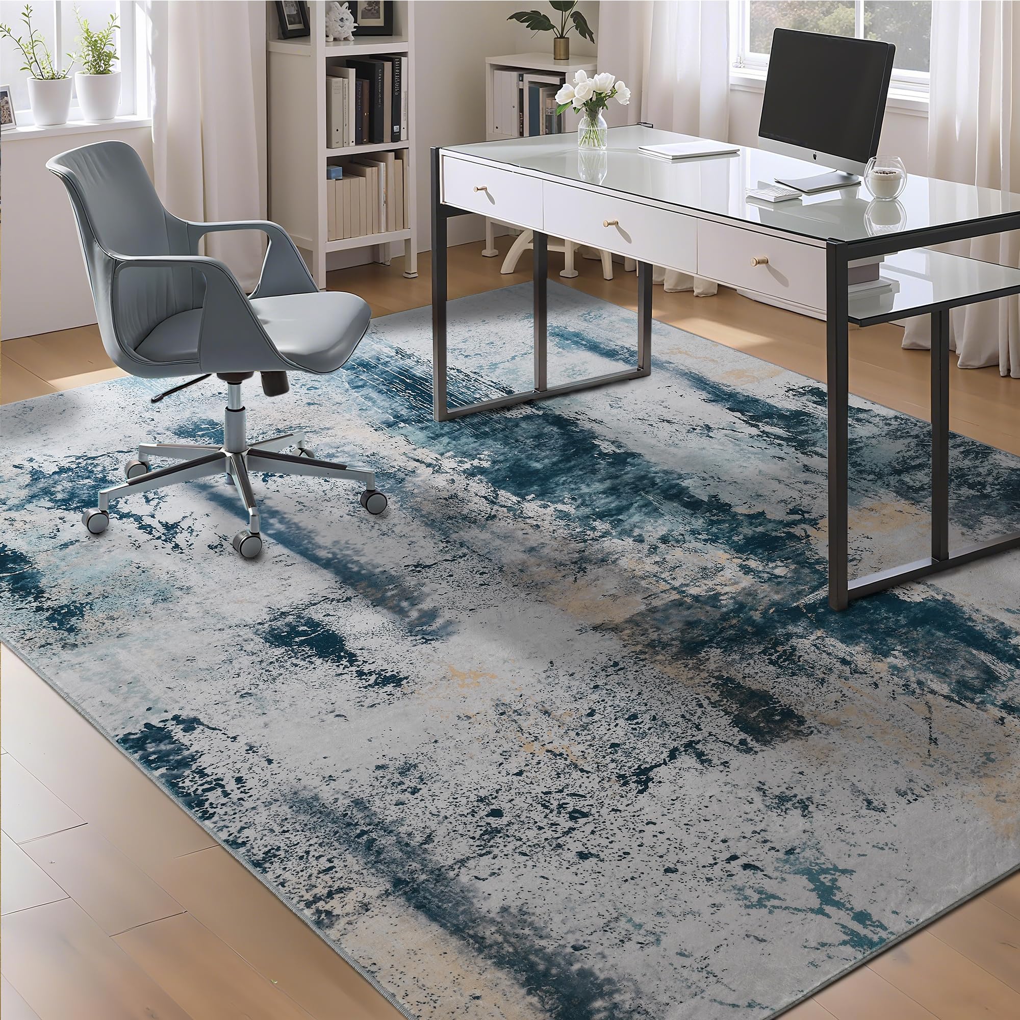 Living Room Rug 9x11 Aqua Blue Area Rugs Machine Washable Abstract Boho Large Rug Non-Slip Non-Shedding Faux Wool Indoor Vintage Carpet for Bedroom, Classroom, Dining Room, Kids Playroom Image