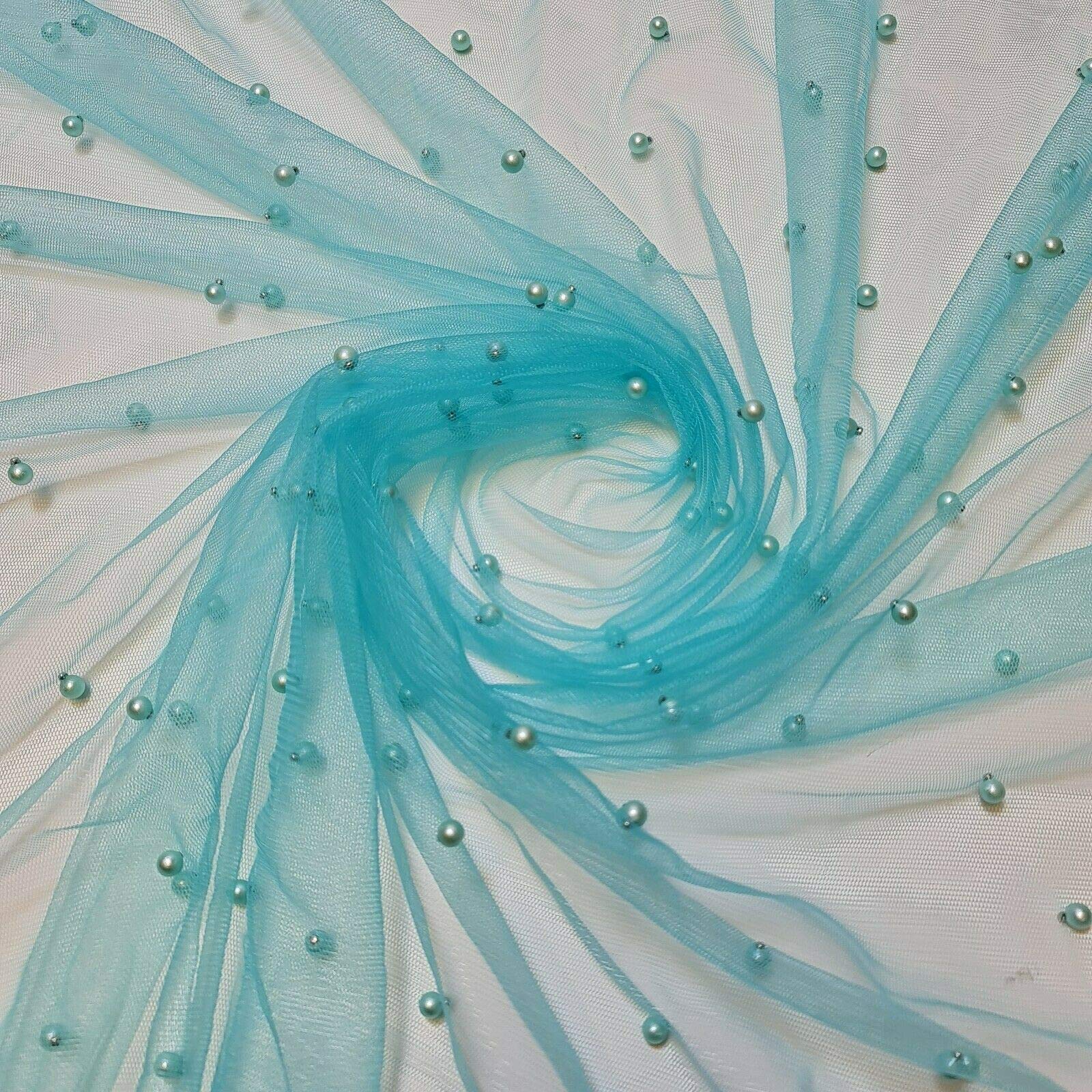 Textile Station 58" Wide Tulle Beaded Pearl Lace Net Fabric Bridal Veil Wedding Backdrop Décor Available in 25 Colours (Turquoise, 1 Meter)