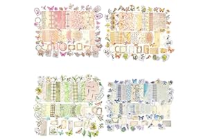 OKUPAN Vintage Floral Scrapbook Paper & Journaling Stickers (400pcs) Assorted Set - 4 Pack Junk Journal Supplies for Bullet Journaling, Retro Crafts, Planner, Mixed Media, Collage Card Album