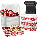 Cupcake Liners with Lids,BAKINGPAK 50PCS 6.8OZ Disposable Mini Cake Pans Disposable Aluminum Foil Baking Cups with Lids Aluminum Loaf Pans for New Year Party Birthday,Red Christmas