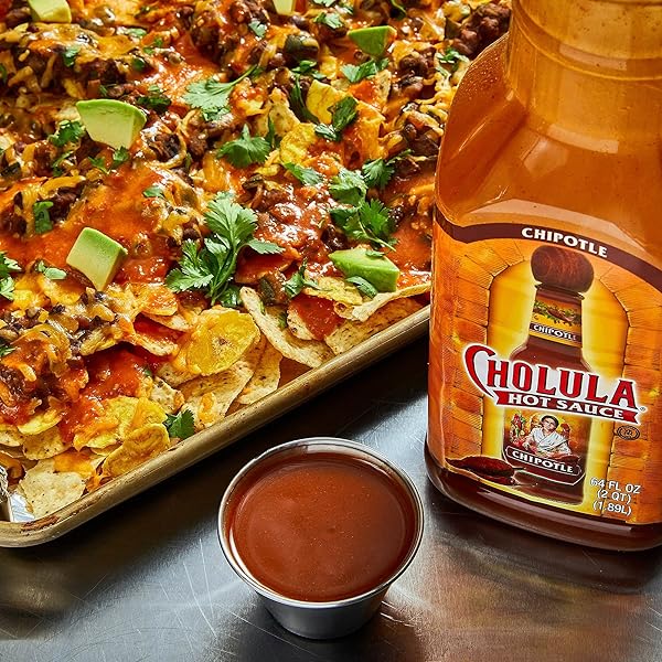 CHOLULA CHIPOTLE HOT SAUCE, 64 FL OZ – ONE 64 FLUID OUNCE BULK CONTAINER OF CHIPOTLE PEPPER SAUCE, MADE WITH CHIPOTLE, ARBOL AND PIQUIN PEPPERS, PERFECT FOR BURGERS, WINGS, HUMMUS AND MORE