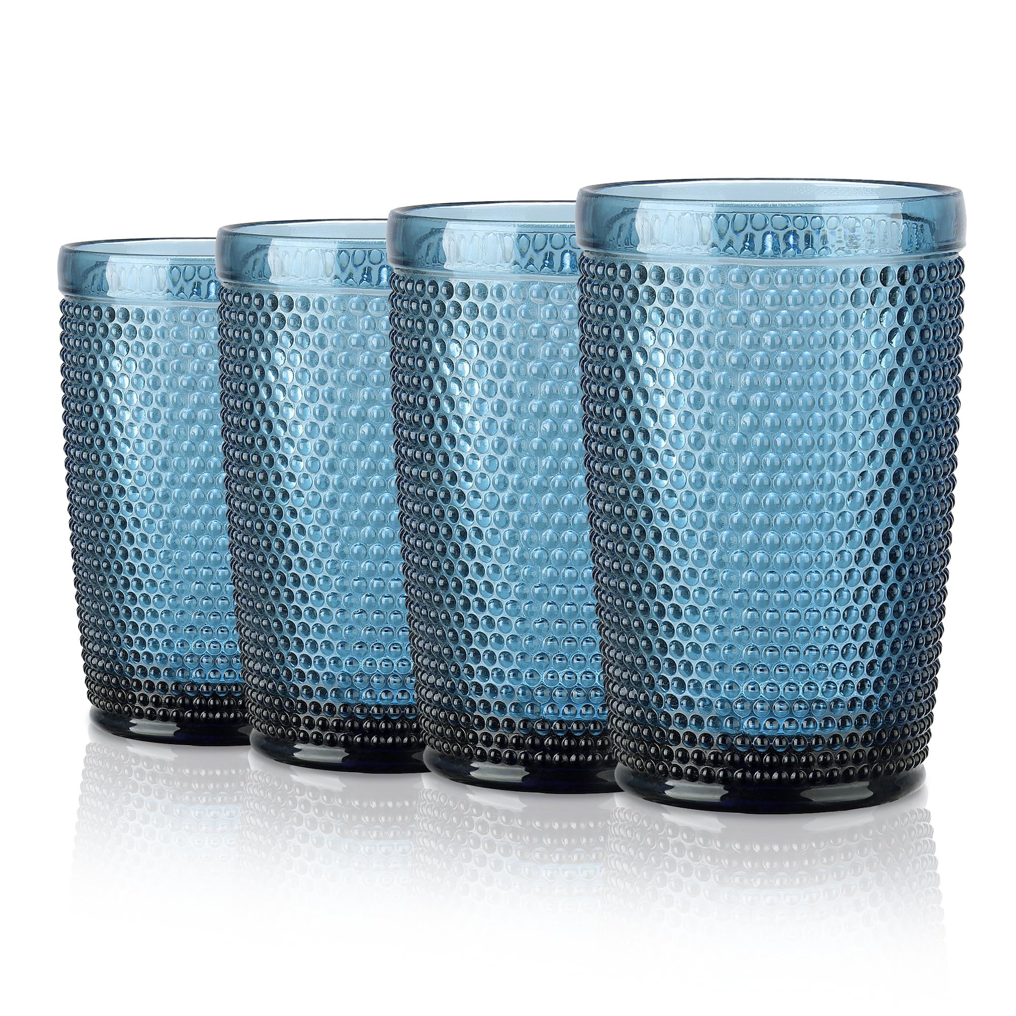 Joeyan Highball Drinking Glasses Set of 4, 350ml Embossed Water Glasses Cups Colored Bubble Tumbler Glasses Ribbed Glassware Set for Cocktail Soda Juice Beverage, Blue