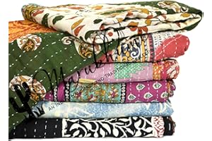 Marubhumi Vintage Kantha Quilt – Handmade Reversible Cotton Throw Blanket with Assorted Patchwork | Boho-Style Decorative Bedding for Sofa, Couch, Bed & Picnic | 1 Pc
