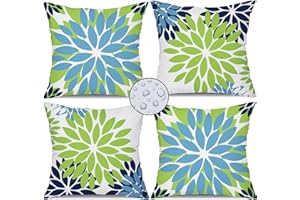 DFXSZ Green Blue Flower Pillow Covers 18x18 Inch Set of 4 White Blue Colored Throw Pillows Outdoor Waterproof Decor for Living Room Sofa Patio Funiture Garden Floral Linen Cushion Case 008B