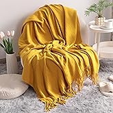NTBAY Acrylic Knitted Throw Blanket, Lightweight and Soft Cozy Decorative Woven Blanket with Tassels for Travel, Couch, Bed, Sofa, 51x67 Inches, Mustard Yellow Striped