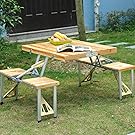 Outsunny Portable Folding Camping Picnic Table Party Field Kitchen Outdoor Garden BBQ Chairs Stools Set Wooden Wood