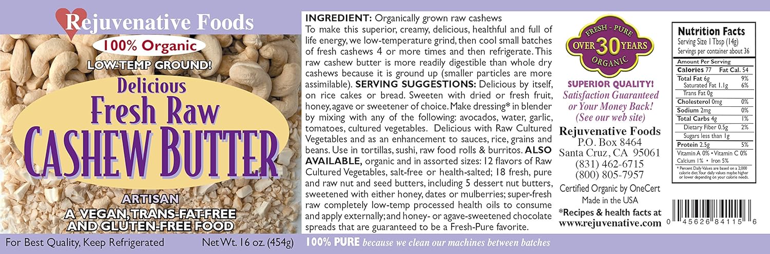 Amazon.com : Fresh-Pure-Raw Smooth Creamy Cashew Butter Rejuvenative Foods Organic Certified Low-Temp-Ground Artisan-Ayurvedic-Vegan In-Glass ...