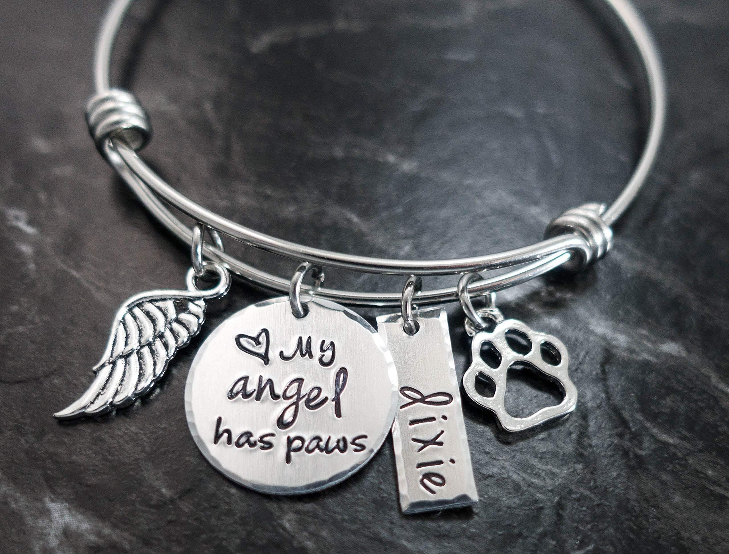 Pet Loss Cat Dog Bangle Bracelet Memorial Jewelry my Angel Has Paws Paw Prints Sympathy Remembrance Gift