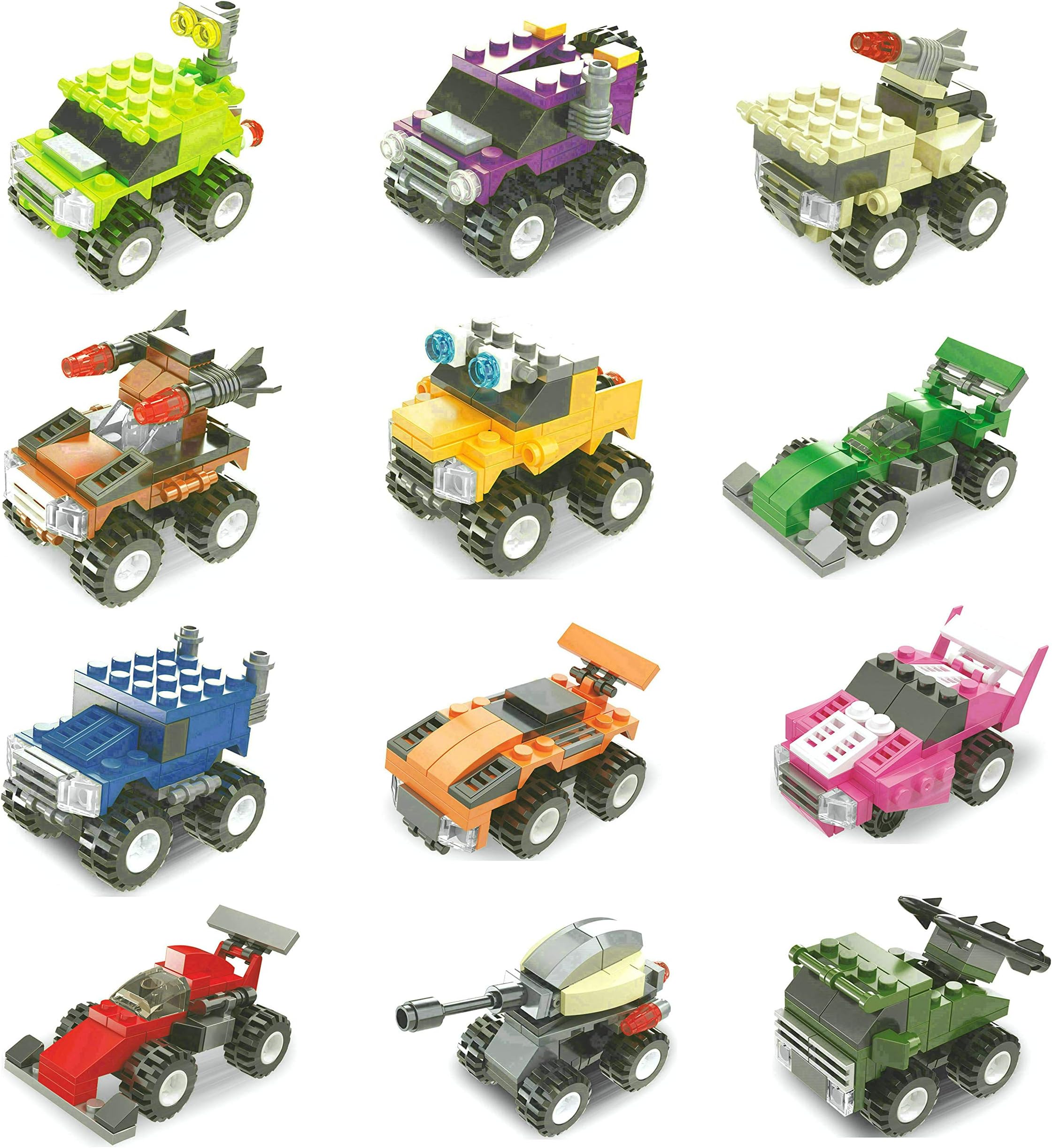 Buildable Pull Back Vehicles Mini Building Blocks Sets, Building Toy for Party Supplies,Birthday Favors, Kids Prizes, Goodie Bags, 12 Boxes.