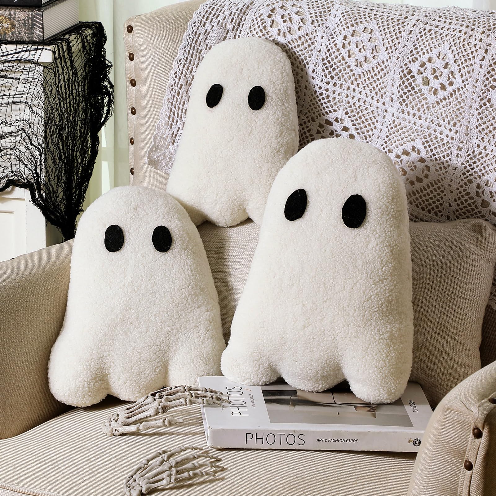 Photo 1 of Huwena 3 Pcs Happy Halloween Throw Pillows Spooky Ghost Throw Pillow Decorative Pillow Pearl Fleece Cute Pillow for Couch Sofa Bed Decoration(White)