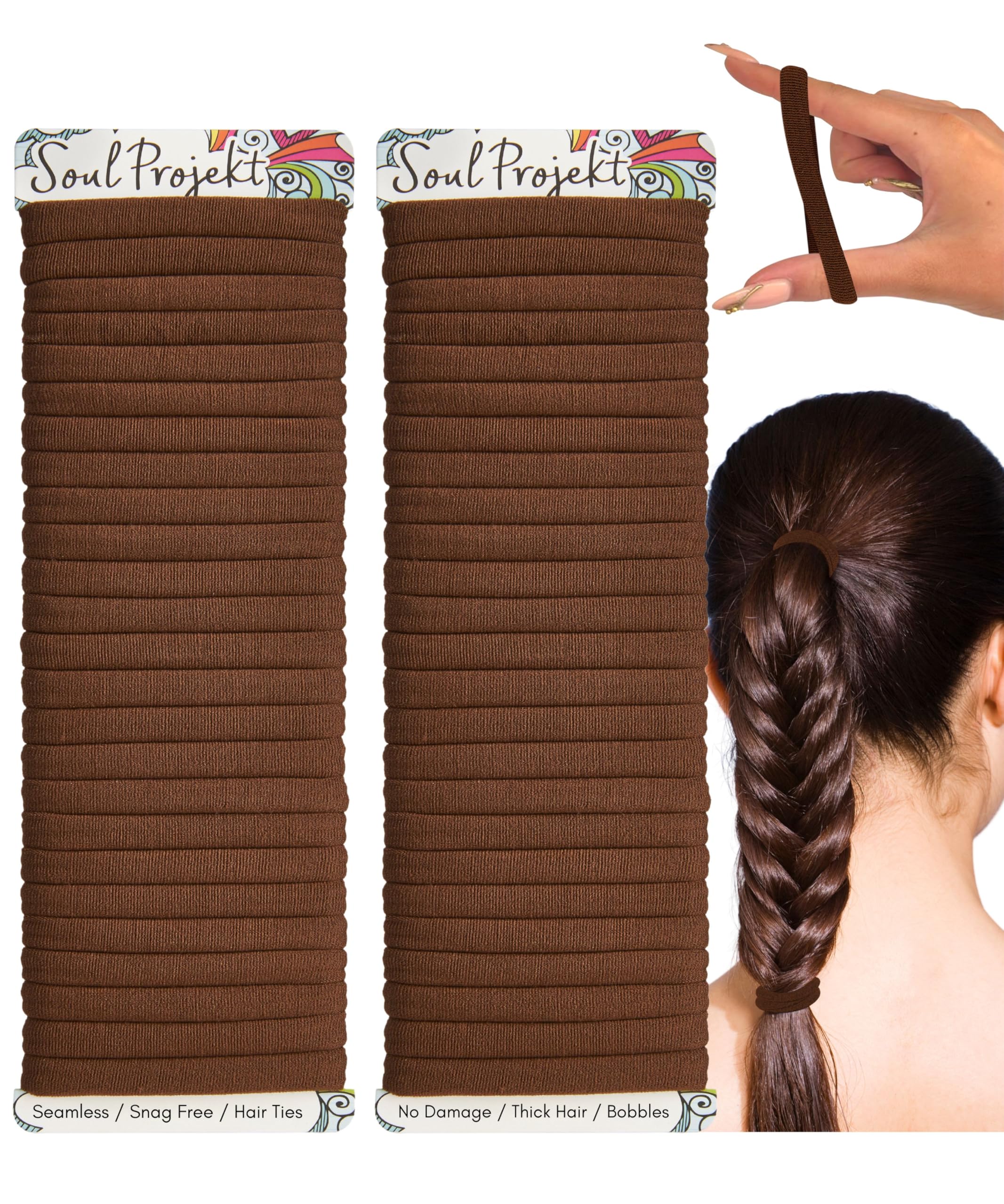 Soul Projekt Brown Thick Hair Bands 50 Pack 8mm, Neutral Bobbles, Ladies Hair Band, School Hair Accessories, Snag Free Kids Hair Ties, No Damage Seamless