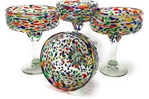 Dos Sueños Mexican Hand Blown Glass – Set of 4 Hand Blown Margarita Glasses Confetti Rock (16 oz) …