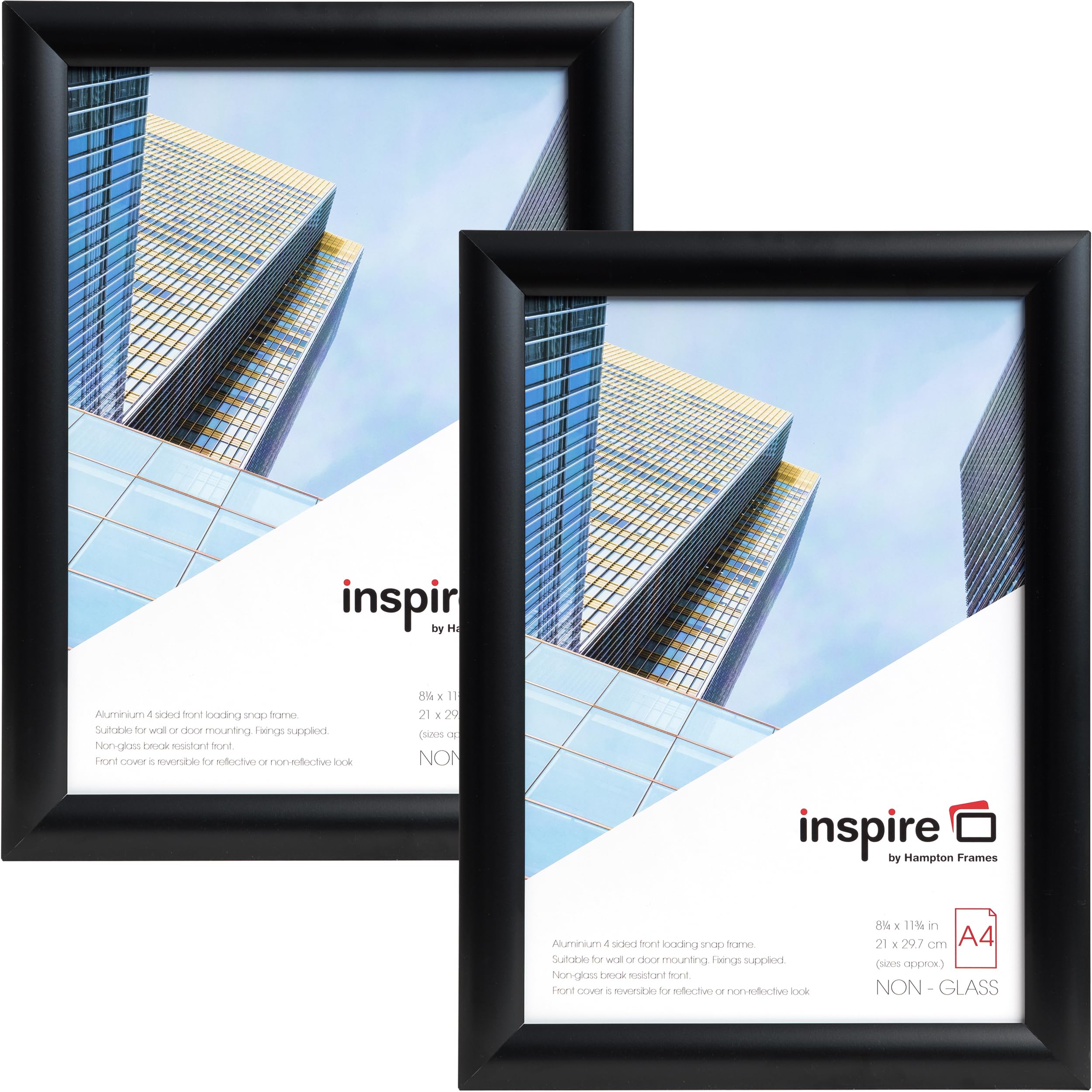 inspire by Hampton Frames | Snap Frame Pack of 2 | A4 (21x30cm), Black, Rectangular, Acrylic Front | Easy Change, Wall Mountable, Lightweight | Display Photos or Certificates