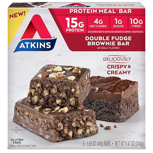 ATKINS DOUBLE FUDGE BROWNIE PROTEIN MEAL BAR, HIGH FIBER, 15G PROTEIN, 1G SUGAR, 4G NET CARB, MEAL REPLACEMENT, KETO FRIENDLY