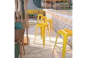 EMMA + OLIVER Commercial Grade 30" H Backless Yellow Metal Indoor-Outdoor Barstool, Square