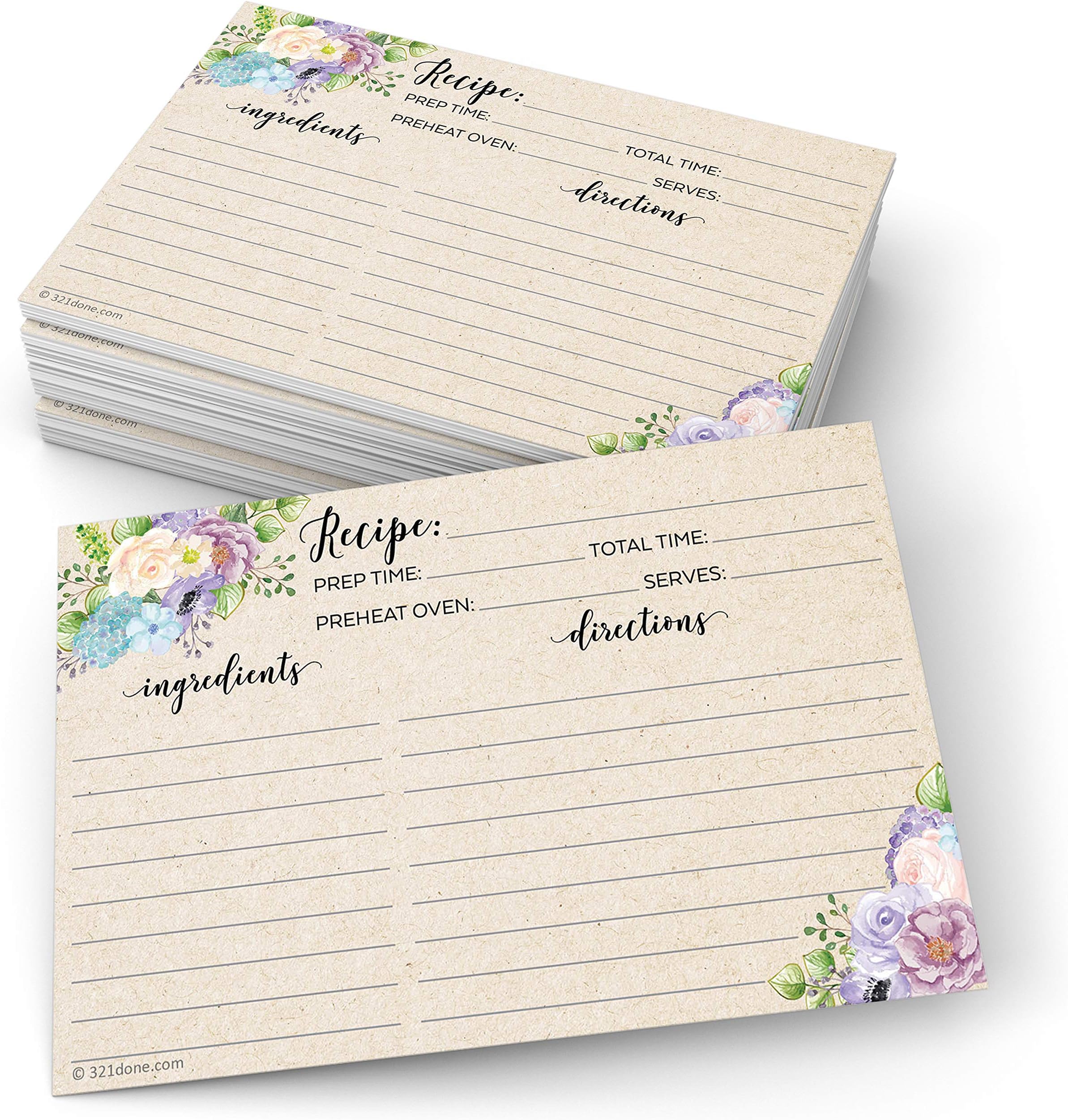 321Done 4x6 Floral Recipe Cards (Set of 50) - Thick Double Sided Premium Card Stock - Made in USA - Watercolor Flowers on Kraft Look, Large Notes From