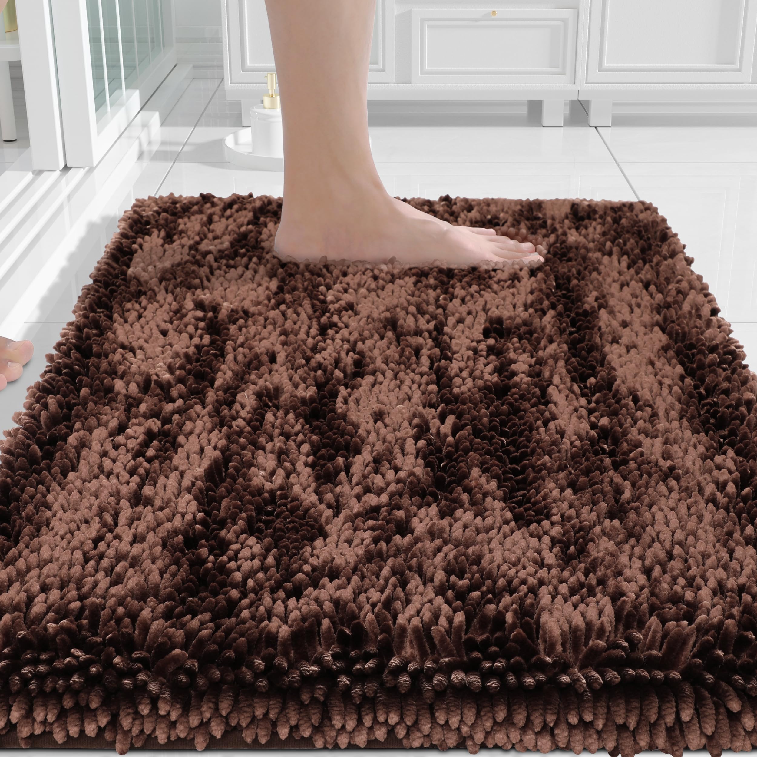 Photo 1 of Yimobra Chenille Bathroom Rugs Non Slip, Extra Thick Soft Absorbent Bath Rug 24x17 Inch, Machine Washable Quick Dry Bath Mat for Bathroom Floor, Tub and Shower, Home Decor Accessories, Brown