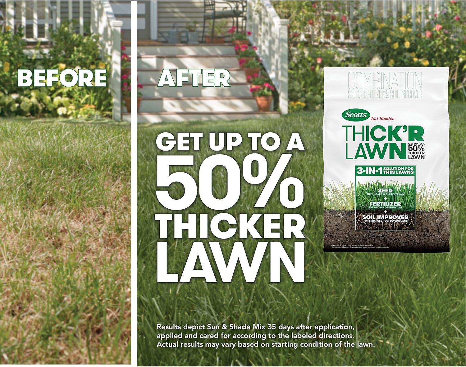 Scotts Turf Builder Thick'R Lawn Sun & Shade - 3 in 1 Lawn Fertilizer, Seed, Soil Improver for a Thicker, Greener Lawn, Seeds up to 4, 000 sq. ft, 40 lb. : Garden & Outdoor