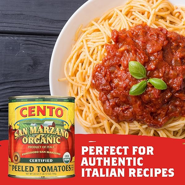 CENTO ORGANIC CERTIFIED SAN MARZANO WHOLE PEELED TOMATOES, 28 OZ CANNED PLUM TOMATOES IN THICK PUREE WITH BASIL, GROWN AND PROCESSED IN ITALY