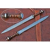29 inches Long Maximus Gladuis Sword, 21" Long Hand Forged Damascus Steel Double Edge Blade, Hand Crafted Walnut Wood Grip with Brass Spacer, Leather Scabbard with Shoulder Stripe