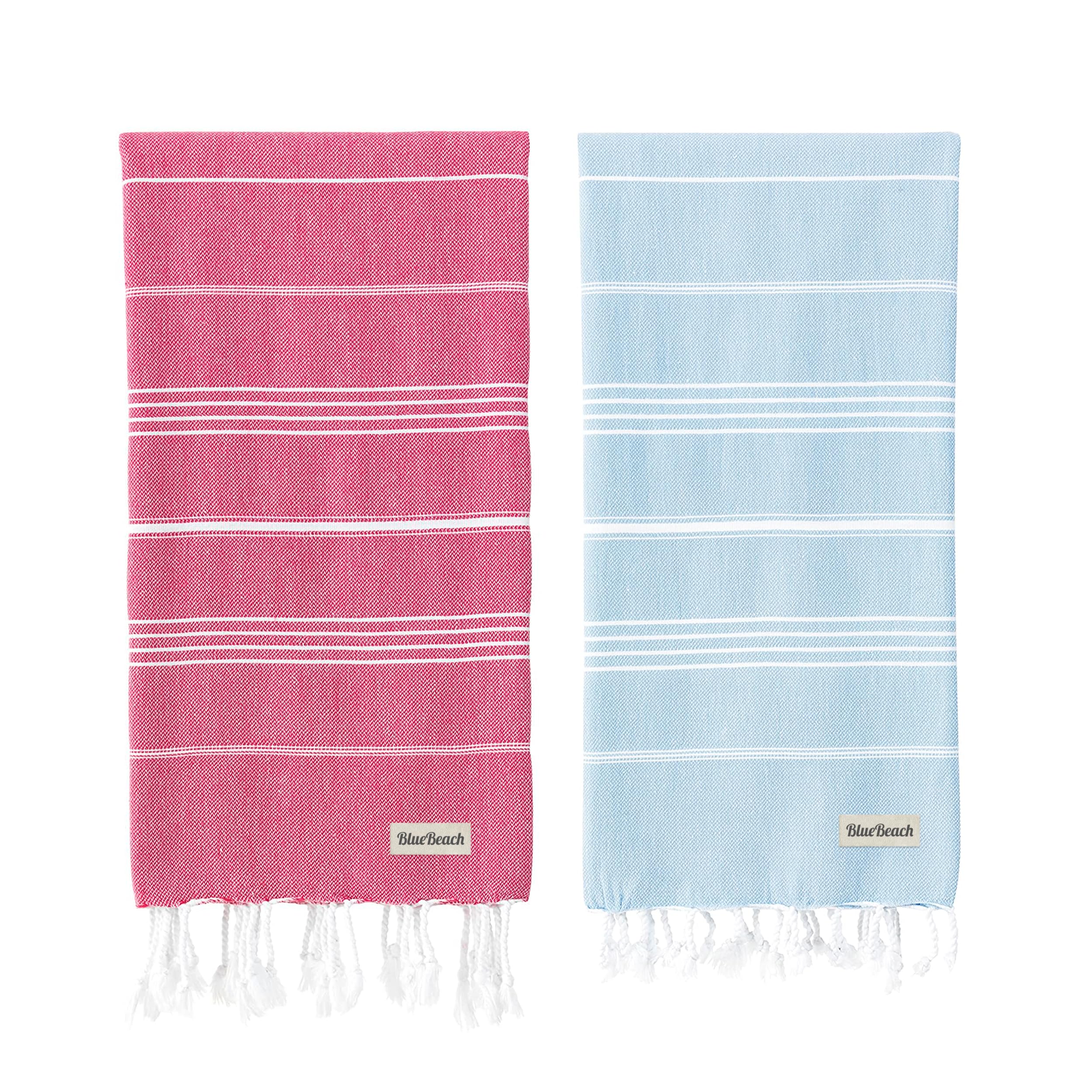 Blue Beach Turkish Towel - Set of 2-100x180cm Large Turkish Hammam Peshtemal Towel - Super Absorbent, Quick Dry, Lightweight, Compact Towels for Swimming, Bath, Gym and Travel (Sky Blue + Fucshia) — image 1