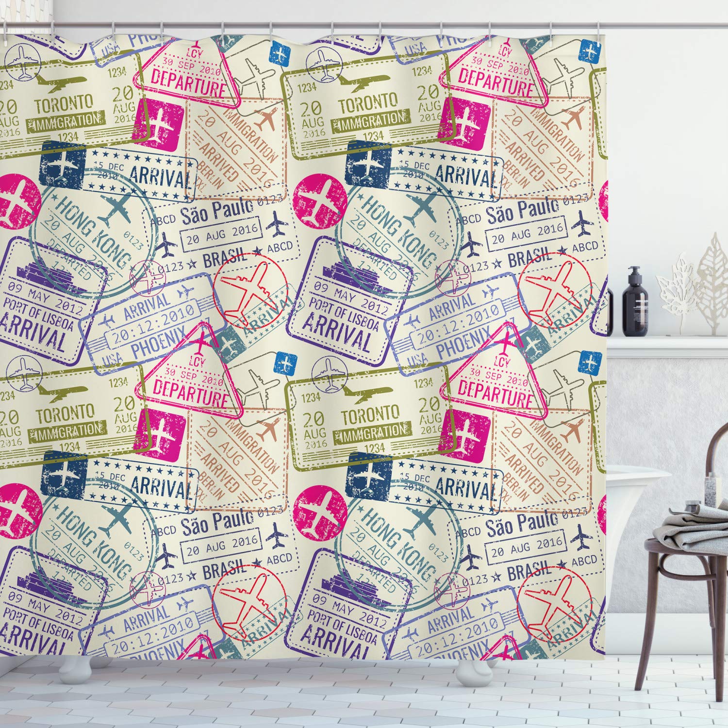 ABAKUHAUS Travel Shower Curtain, Passport and Visa Stamps Illustration of Toronto Hong Kong Berlin Print, Cloth Fabric Bathroom Decor Set with Hooks, 86 Inches Extra Long, Eggshell and Pink