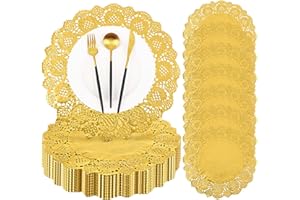 MCEAST 144 Pieces 14 Inch Paper Doilies Round Lace Gold Paper Doilies Disposable Foil Lace Paper Doilies Placemats Paper Pad for Cakes Crafts Party Weddings Tableware Decoration