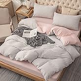 PURE ERA Jersey Knit Duvet Cover Set 100% T-Shirt Heather Cotton Super Soft Comfy Classic Striped Design, with Zipper Closure, Grey Light Pink Pinstripe, King.
