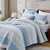 Andency King Size Quilt Set Misty Blue, 3 Pieces Summer Ultra Soft Lightweight Bedspreads & Coverlets Set, Patchwork Striped Quilted Bedding Sets for All Seasons (1 Quilt, 2 Pillow Shams)