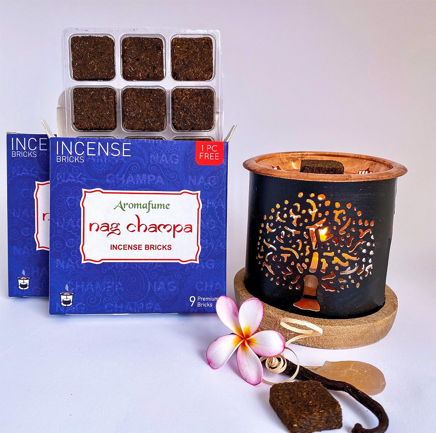 Aromafume Nag Champa Incense Bricks (2 Trays x 9 Pieces Each) with Tree