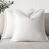 Foindtower Set of 2 Decorative Linen Fringe Throw Pillow Covers Cozy Boho Farmhouse Cushion Cover with Tassels Soft Accent Pillowcase for Couch Sofa Bed Living Room Home Decor,16×16 Inch,White