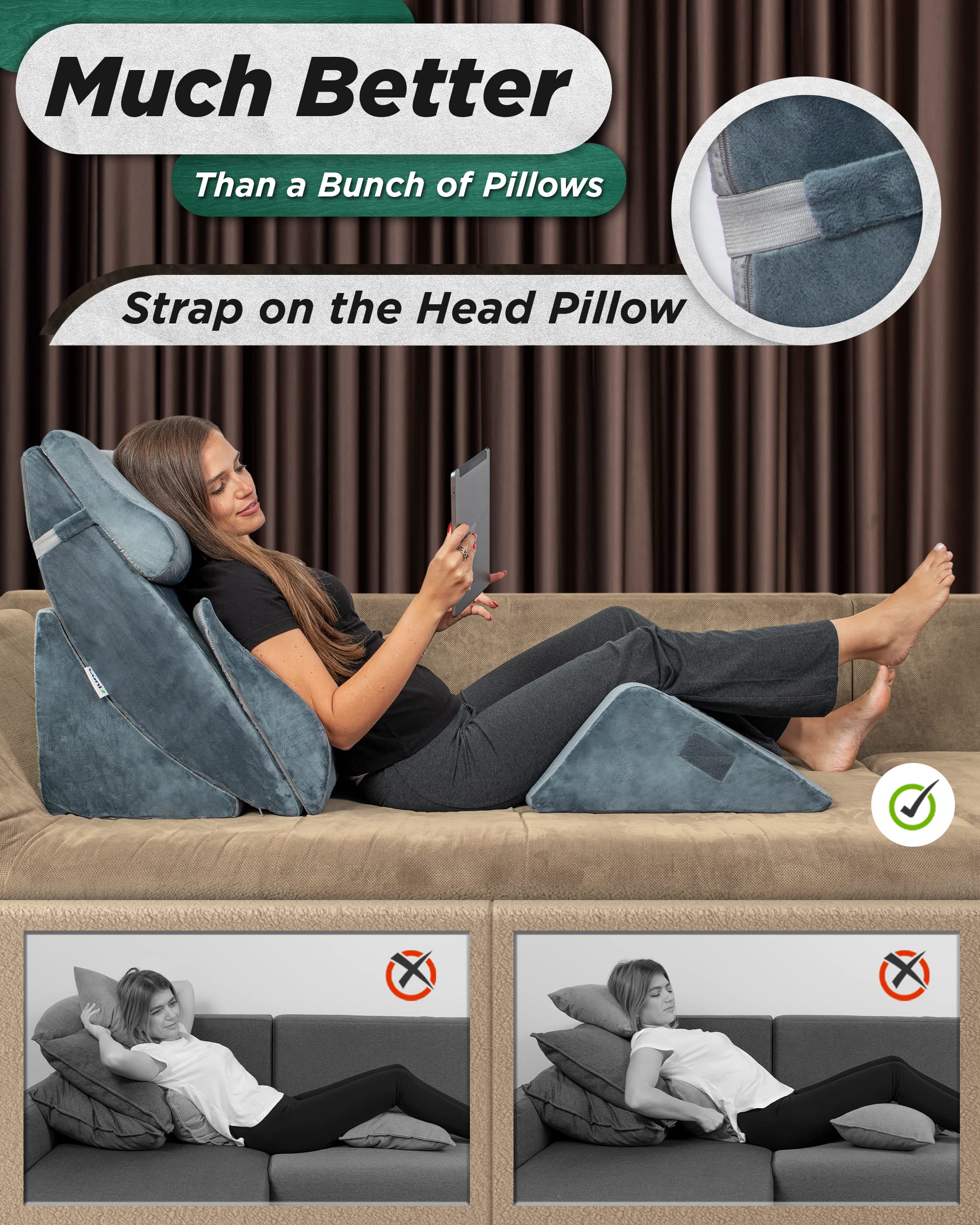 Lunix 6pcs Orthopedic Bed Wedge Pillow Set, Post Surgery Memory Foam for Back, Neck, and Leg Pain Relief, Adjustable Sitting Pillow for Sleeping, Acid Reflux and GERD, Hot Cold Pack, Navy