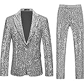 Dbutiy Men's Shiny Sequins Suit 2 Piece Set - Glitter Sparkle One Button Tuxedo Blazer & Pants for Wedding, Party, Prom