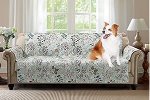 Brilliant Sunshine Beautiful Burgundy Flowers Couch Cover, Quilted X-Large Sofa Slipcover, 78" Seat Width, Slip Resistant Furniture Protector, 2" Strap, Washable Couch Cover for Kids, Dogs, Green