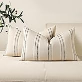 Hckot Hand Made Throw Pillow Covers 12x20 Set of 2 Striped Pillow Covers Textured Linen Decorative Pillows Lumbar Cushion Covers for Sofa Couch Bed Living Room Farmhouse Decor, Grey
