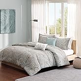 Madison Park Pure Ronan Cotton Comforter Set - Casual Paisley Design, All Season Alternative Down Cozy Bedding, Matching Shams, Decorative Pillows, Blue King/Cal King(104"x92") 5 Piece