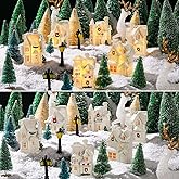 Kasyat 50 Pcs Winter Village Sets Christmas Village Town Accessories LED Lighted White Houses Mini Tree Crafted Resin House Collectable Deer for Winter Christmas Wonderland Party Home Decoration